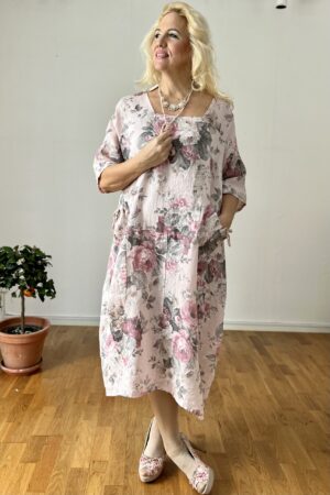 Hihallinen Flowers pellavamekko vaalea roosa
