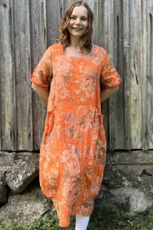 Pellavatehdas hihallinen Flowers-mekko oranssi