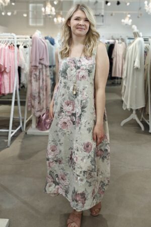 Pellavatehdas hihaton Flowers pellavamekko beige