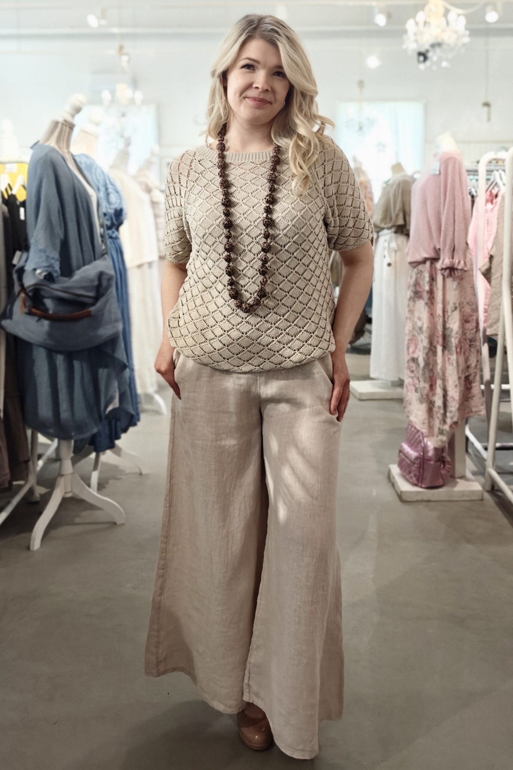 Pellavatehdas Katrin puuvillaneule hiekanruskea