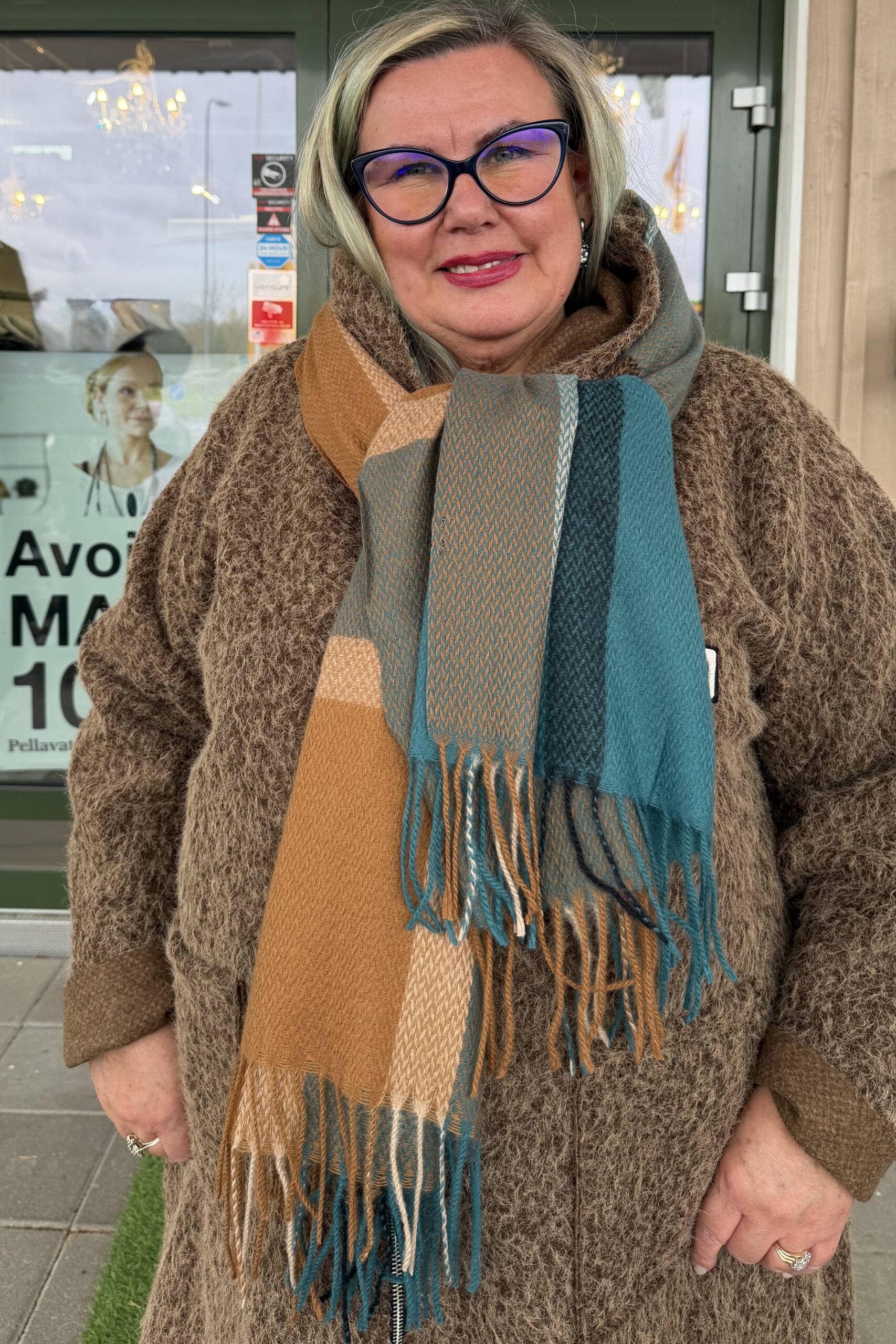 Pellavatehdas Comodo talvihuivi sinivihreä/kamelinruskea