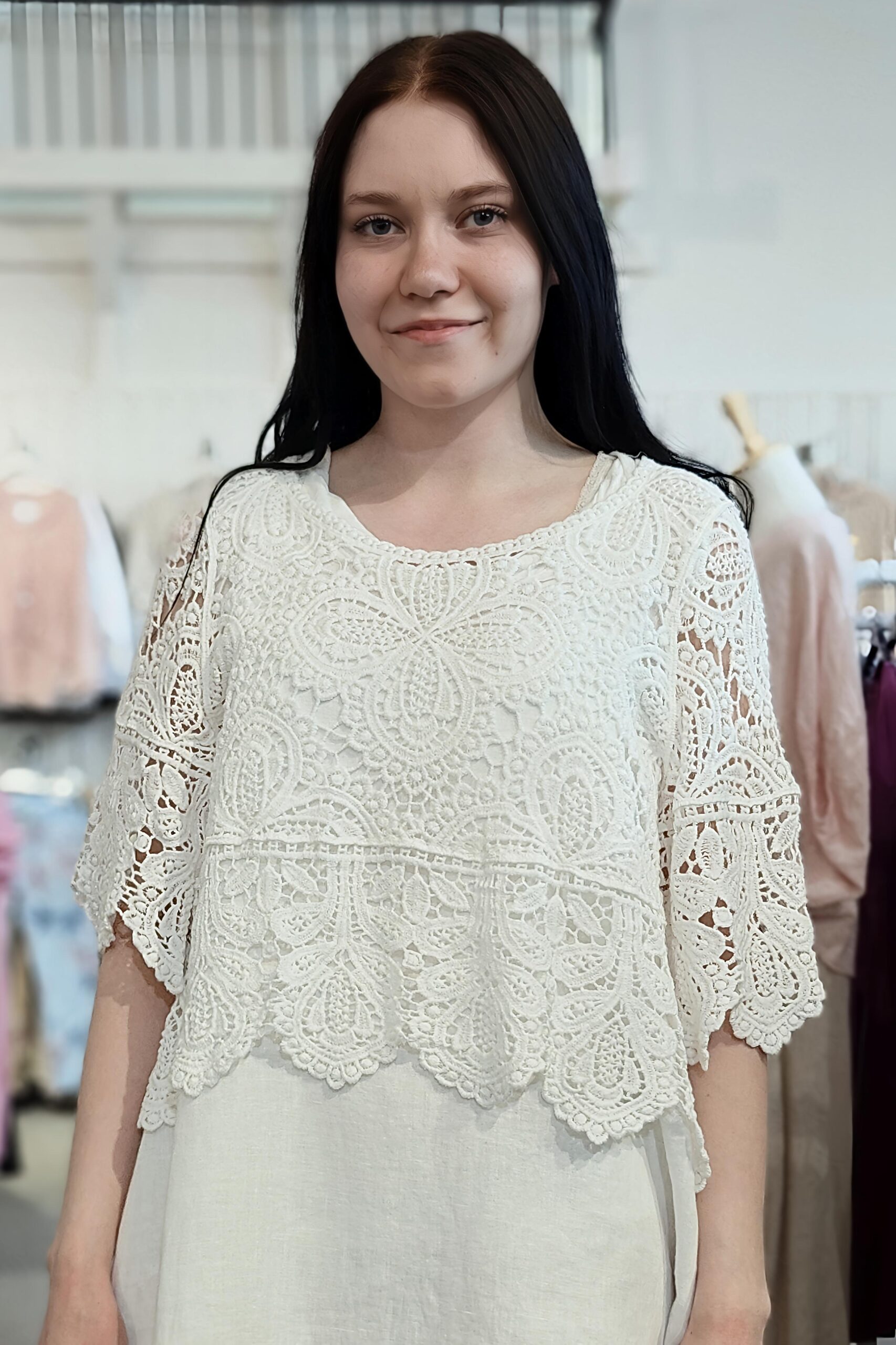 Pellavatehdas Luna pitsitoppi valkoinen